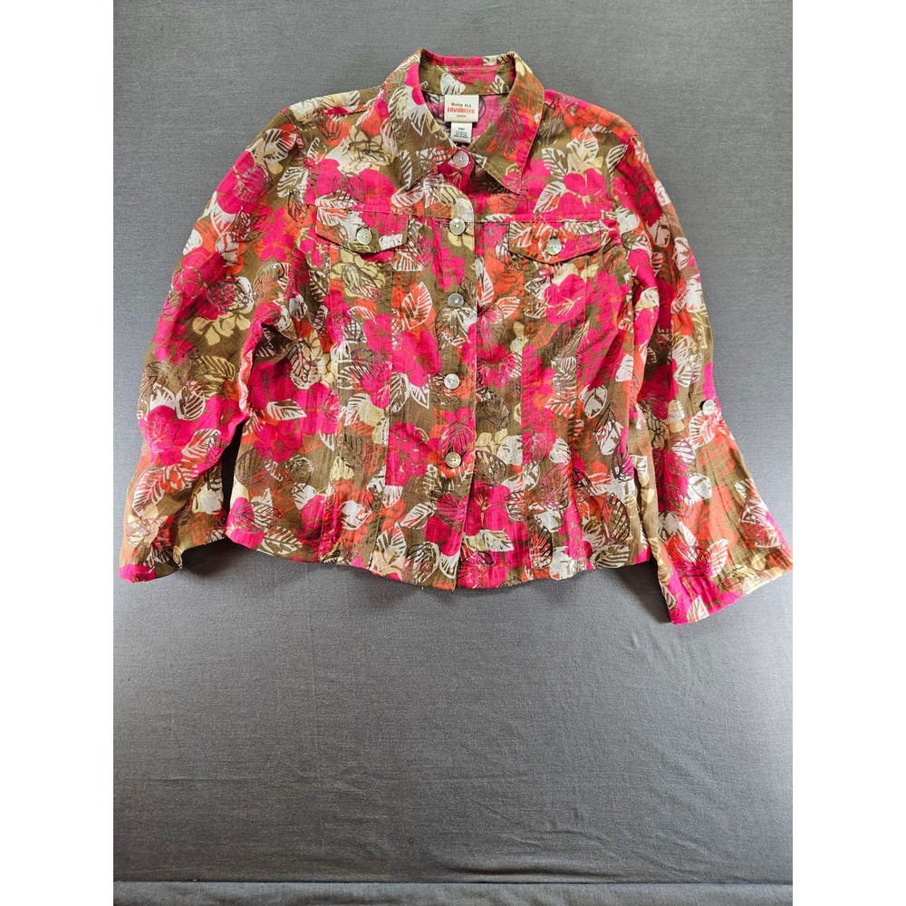 Ruby Rd Favorites Petite Floral Button Up Jacket Pink Brown 14P Tropical Rayon
